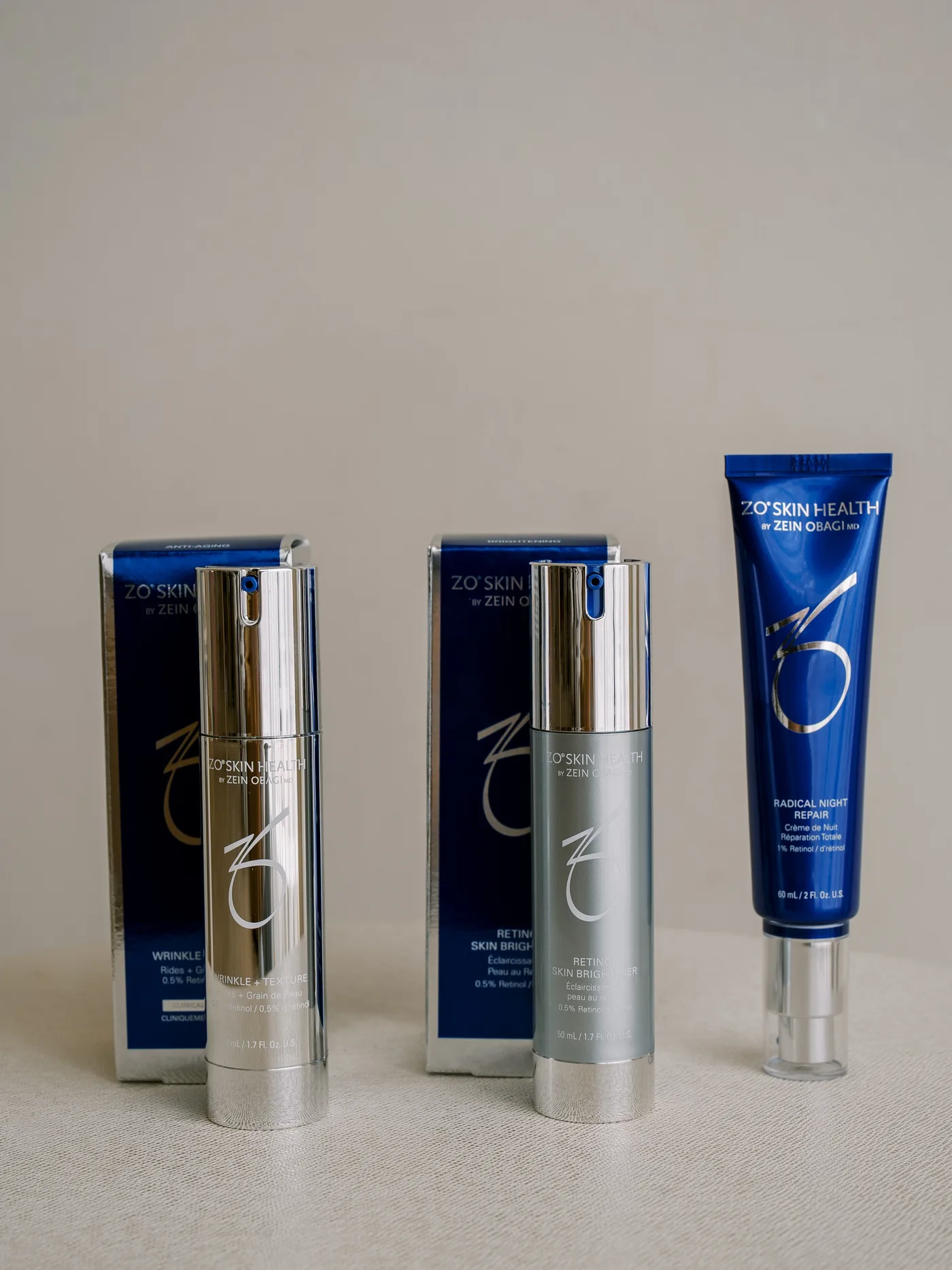 ZO Skin Health retinol lineup including Wrinkle and Texture Repair, Retinol Skin Brightener, and Radical Night Repair at NECTAR body face skin